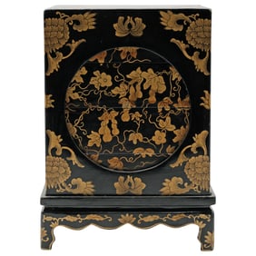 Japanese Black Lacquer Jubako on Stand - Gilded Gourd-Vine Maki-e, Vermilion Interior