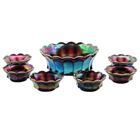 Amethyst Carnival Glass Berry Bowl Set - 1 Master & 6 Sauce Bowls, Ruffled Paneled Iridescence