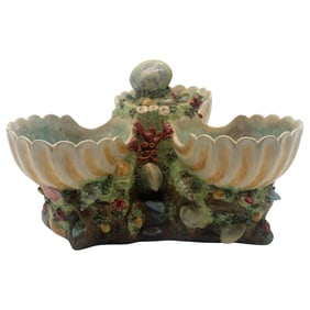 Portuguese Palissy-Style Majolica Triple Shell Centerpiece, c. 1920-1940