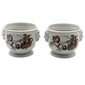 Pair of French Porcelain Cachepots with Classical Chariot Scenes & Lion Masks, mid-20th C.