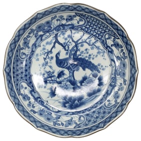 Antique Hand Painted Arita Blue and White Peacock Plate, Early 20th C