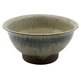 Studio Stoneware Bowl with Oatmeal & Blue-Gray Drip Glaze, c. mid/late 20th C.