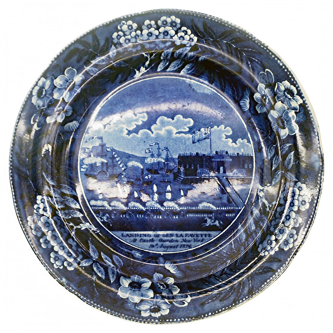 Antique Clews Staffordshire Landing of Gen. Lafayette Plate - c. 1824: Historic dark-blue transferware dinner plate (10A14a3) by James & Ralph Clews, depicting LafayetteaTMs triumphant 1824 landing at Castle Garden, New York. Rich patriotic imagery and a floral bordera"a