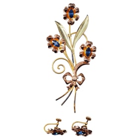 1940s Van Dell 12K GF Floral Spray Brooch & Screw-Back Earrings, Boxed Demi-Parure