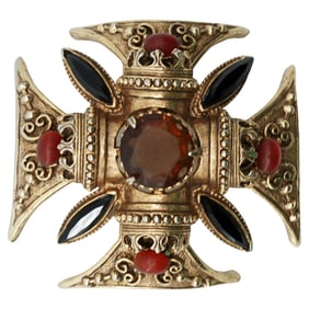 Vintage Florenza Maltese Cross Statement Brooch Pendant, Gold-Tone with Glass Cabochons, Renaissance
