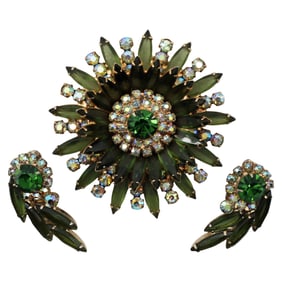 Vintage 1960s Juliana Green Rhinestone Starburst Brooch & Earrings Set  -  Aurora Borealis