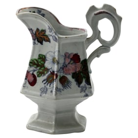 c. 1840-1850 English Polychrome Transferware Pitcher with Hexagonal Pedestal & Cockscomb Handle