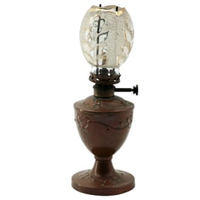 Mini Copper Kerosene Lamp with Art Nouveau Floral Ice Glass Shade