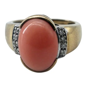 Vintage 14K Gold Angel Skin Coral Cabochon Ring with Diamond Accents, Size 7