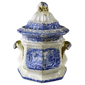 Staffordshire Blue Transferware Sugar Bowl: Grape Finial, Twig Handles, c.1830