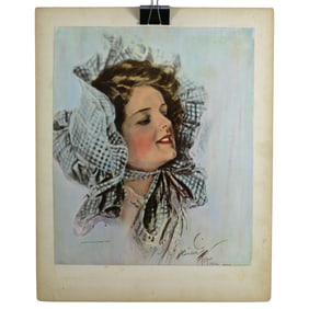 Harrison Fisher 1908 Color Print on Board - Girl with Checked Bonnet