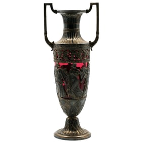 WMF parcel-gilt silverplate and ruby glass amphora vase, bacchantes frieze, Greek-key