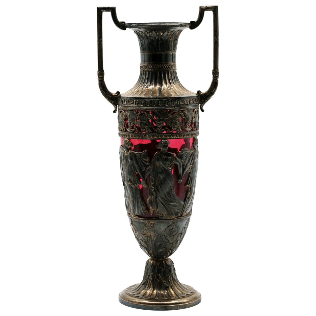 WMF parcel-gilt silverplate and ruby glass amphora vase, bacchantes frieze, Greek-key: WMF parcel-gilt silverplate and ruby glass amphora vase, bacchantes frieze, Greek-key & grapevine, c.1901, marked