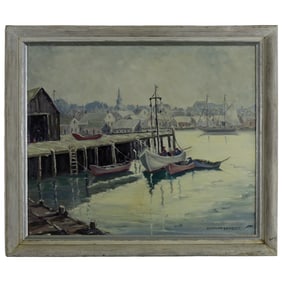 Carolyn Lambert Harbor Scene Painting: Rockport School Oil on Canvas, Framed