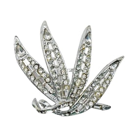 Vintage Rhinestone Leaf Brooch, Baguette & Chaton Stones, Rhodium-Plated Silvertone