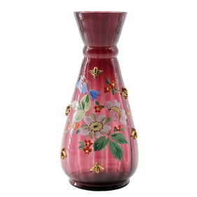 Moser-Attributed Amethyst Glass Vase with Applied Gilt Bees & Enameled Wildflowers