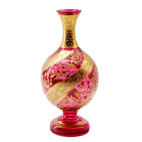 Moser Cranberry Glass Vase: Gilded Enamel Bohemian Art Glass, c. 1885-1900