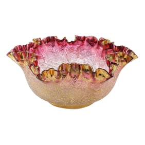 Bohemian Moser (Attributed) Gold-Ruby Ruffled Bowl with Allover Acid-Etched & Parcel-Gilt