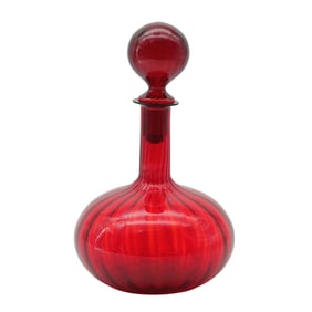Antique Ruby Cranberry Glass Decanter w/ Rib Optic & Ball Stopper, c. 1900