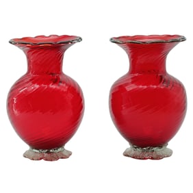 Ruby Red Venetian Glass Vases: Mid-Century Murano Style Pair, Toscany Italy