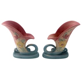 Hull Pottery Wildflower Vases: Pink-to-Aqua Cornucopia Pair