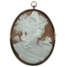 Large Victorian Shell Cameo Brooch-Pendant, Diana/Artemis