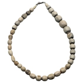 1960s Bovine Bone Bead Necklace, 28 inches, Graduated Chunky Beads, Sterling Clasp
