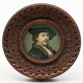 Miniature Rembrandt Self-Portrait, Carved Round Frame, c. 1900-1930