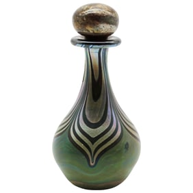 Signed Studio Art Glass Perfume Bottle, Iridescent Pulled-Feather - c. 1980