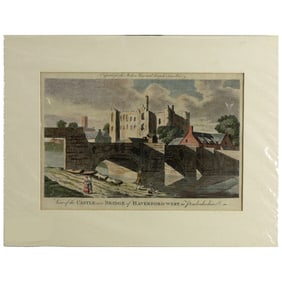 1790s Hand-Colored Engraving - View of the Castle & Bridge of Haverford-west Pembrokeshire