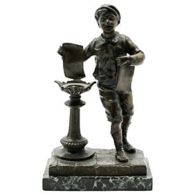 French Bronze Newsboy on Marble, c. 1900-20