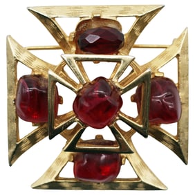 Benedikt NY Maltese Cross Brooch with Ruby Poured Glass, c. 1960s