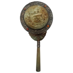 Republic Era Chinese Jade Hand Mirror: Dragon, Silver & Carnelian, c. 1920s