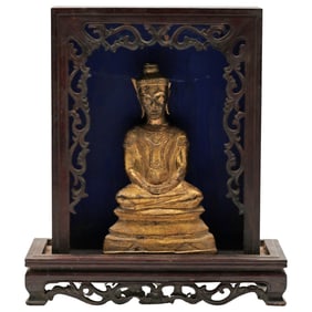 Thai Gilt-Bronze Buddha in Carved Display Shrine