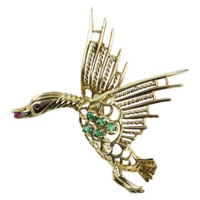 Vintage 14K Gold Bird Brooch: Emerald, Ruby & Openwork Italian Design