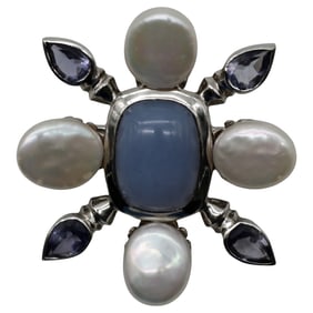 Italian vermeil turtle brooch-pendant, chalcedony center, iolite & pearl accents, 18K bale