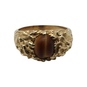 14k Gold Nugget Ring with Natural Tiger's-Eye Cabochon