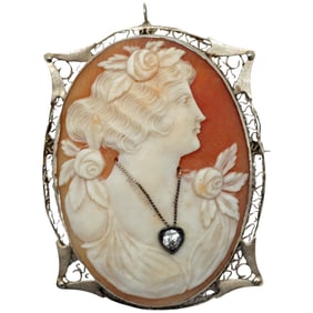 Edwardian 14K Gold Cameo Brooch/Pendant with Diamond - c. 1900-1915