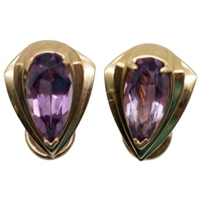 Vintage 14K Gold Amethyst Earrings: Pear Cut Purple Gemstones