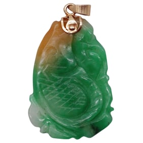 Carved Jadeite Koi Fish Pendant: 14K Gold Bale