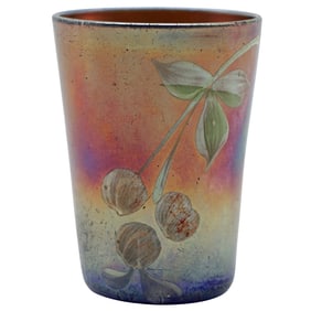 Antique Fenton Iridescent Cobalt Blue Tumbler with Hand-Painted Cherries