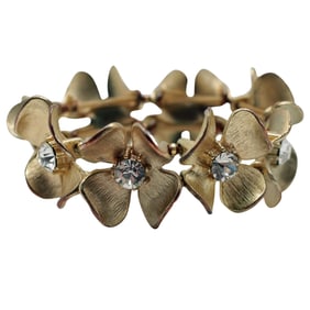 Vintage Dogwood Flower Bracelet with Rhinestone Centers - Gold Tone Elastic Stretch