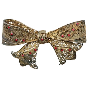 Vintage Damascene Style Ribbon Bow Brooch with Red Cabochons