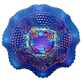 Northwood Blue Carnival Glass Bowl - Grape & Cable Pattern - Ruffled Edge