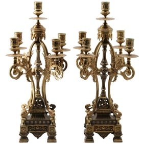 Ornate Victorian Brass Candelabra Pair attributed Ansonia