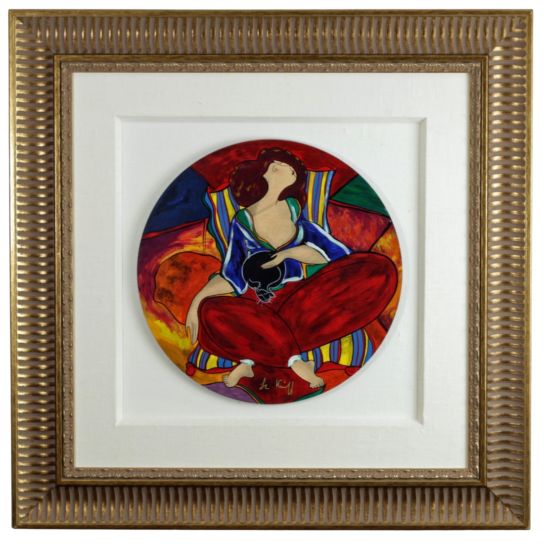 Linda Le Kinff Signed Serigraph on Wood - 'Femme au Chat' - Framed (1 of 2)