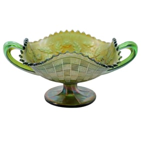 Northwood Green Carnival Glass Bon Bon - Fruit and Flowers Pattern - Ruffled Edge
