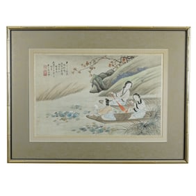 Antique Chinese Gouache of Three Women Paddling on Lotus Pond