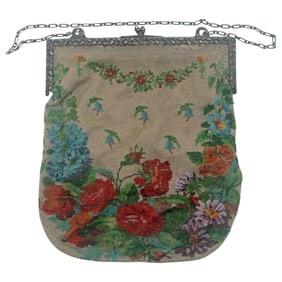 Antique Micro-beaded Floral Purse with Ornate Frame - c. 1920s