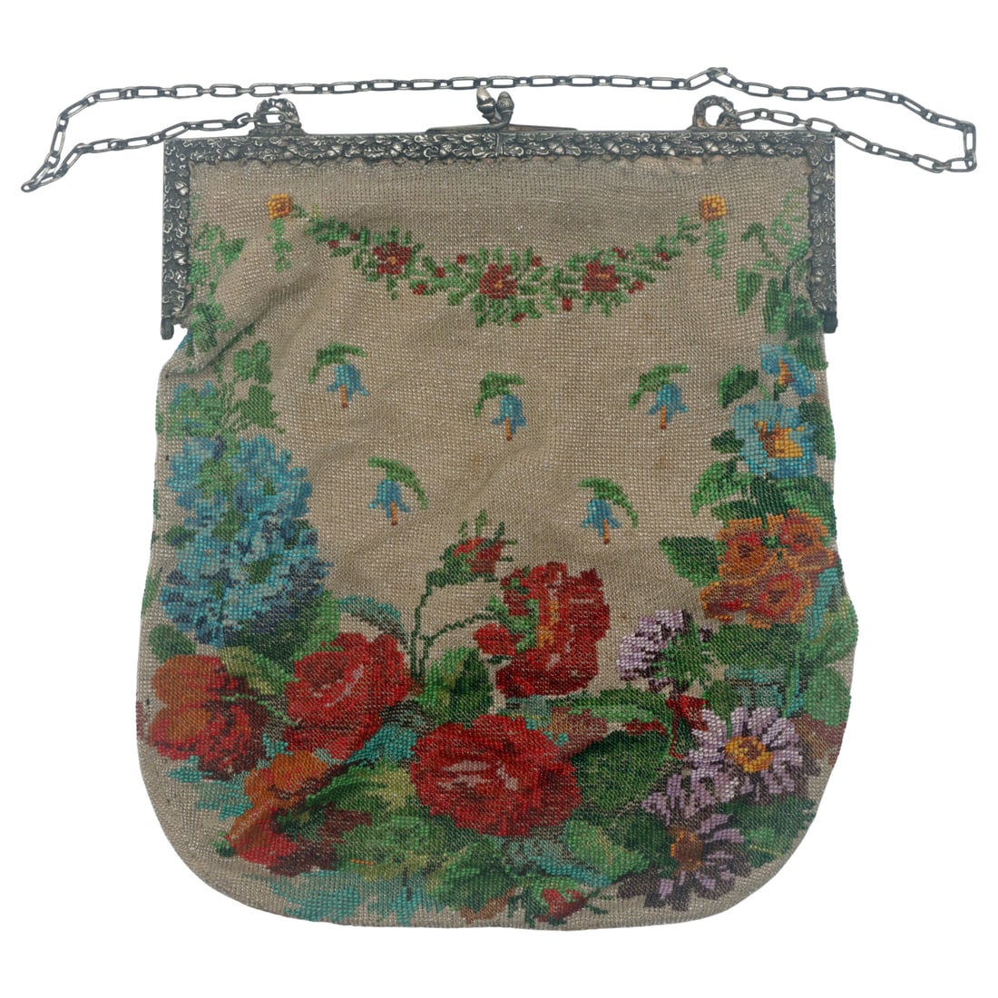 Antique Micro-beaded Floral Purse with Ornate Frame - c. 1920s: Antique Micro-beaded Floral Purse with Ornate Frame - ca. 1920s
